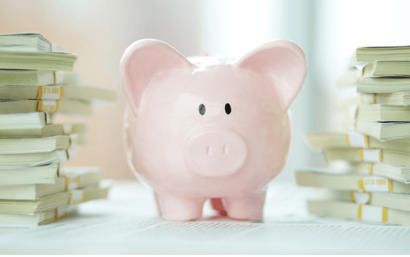 A pink piggy bank in the foreground with stacks of bundled currency notes on either side in the background.