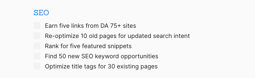 Checklist of SEO bucket list items