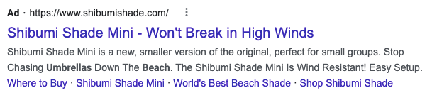 Paid search ad for Shibumi Shade Mini