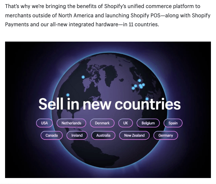 Graphic displaying new countries available for Shopify