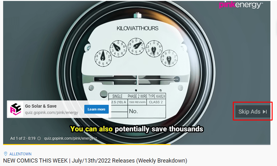 TrueView ad showing the ad skip button