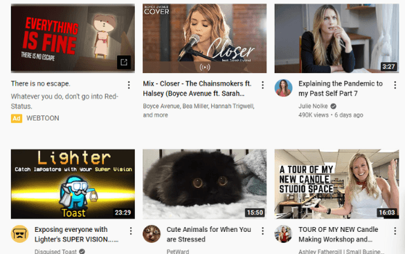 YouTube videos on the homepage of YouTube