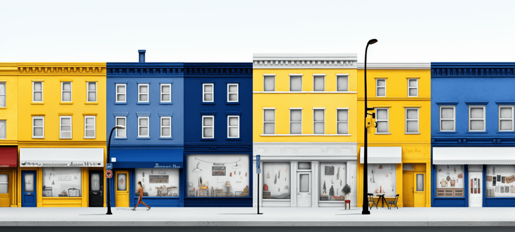 yellow and blue stores lined on a street