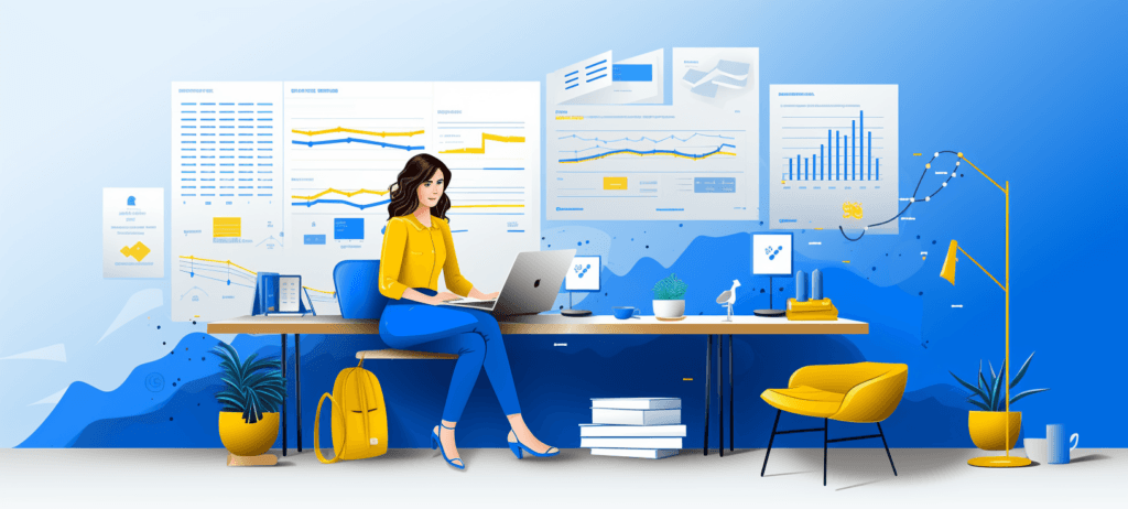 Woman in business clothes sitting at a table with graphs on the background of the wall