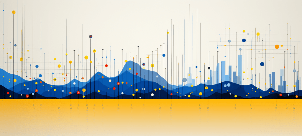 A city skyline behind a bunch of hills with colorful dots