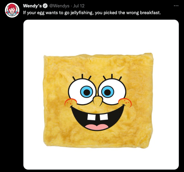 Funny tweet from Wendy's featuring a picture of Spongebob on an egg