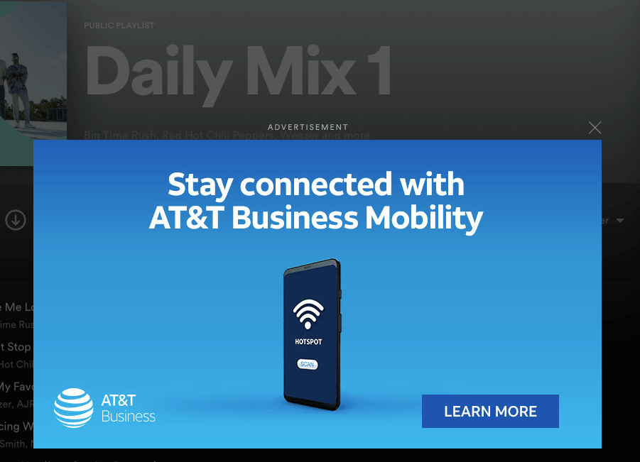 Display ad for AT&T on Spotify desktop