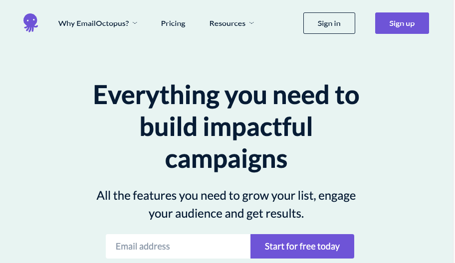 EmailOctopus website with a mint green background and information about their software