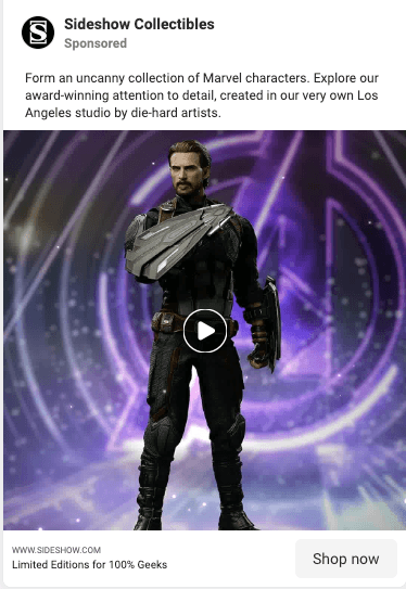 Sideshow Facebook ad featuring a Captain America statue