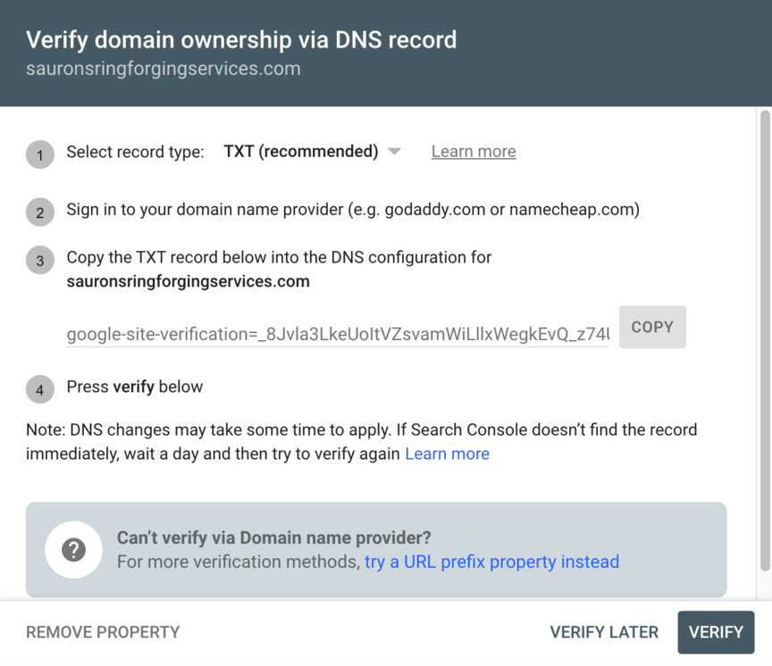 Google Search Console page prompting the user to verify domain ownership