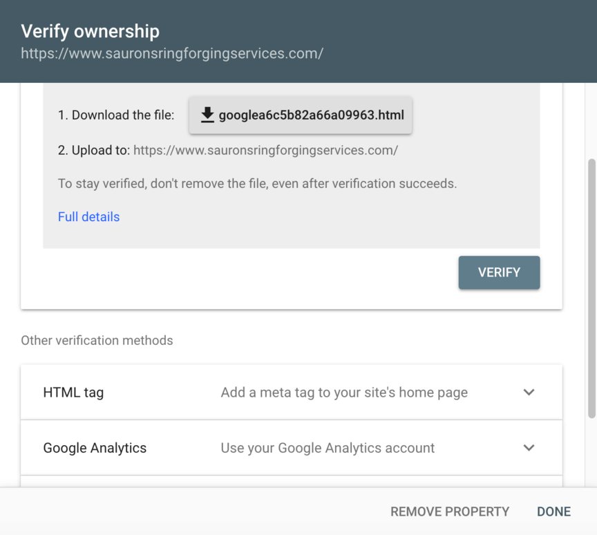 Google Search Console page for verifying ownership using URL prefix
