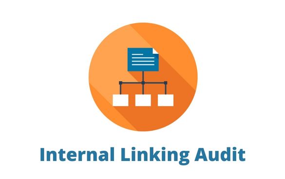 Graphic representation of an internal linking audit with a document icon connected to three boxes, on an orange circle background with the text 'Internal Linking Audit'.