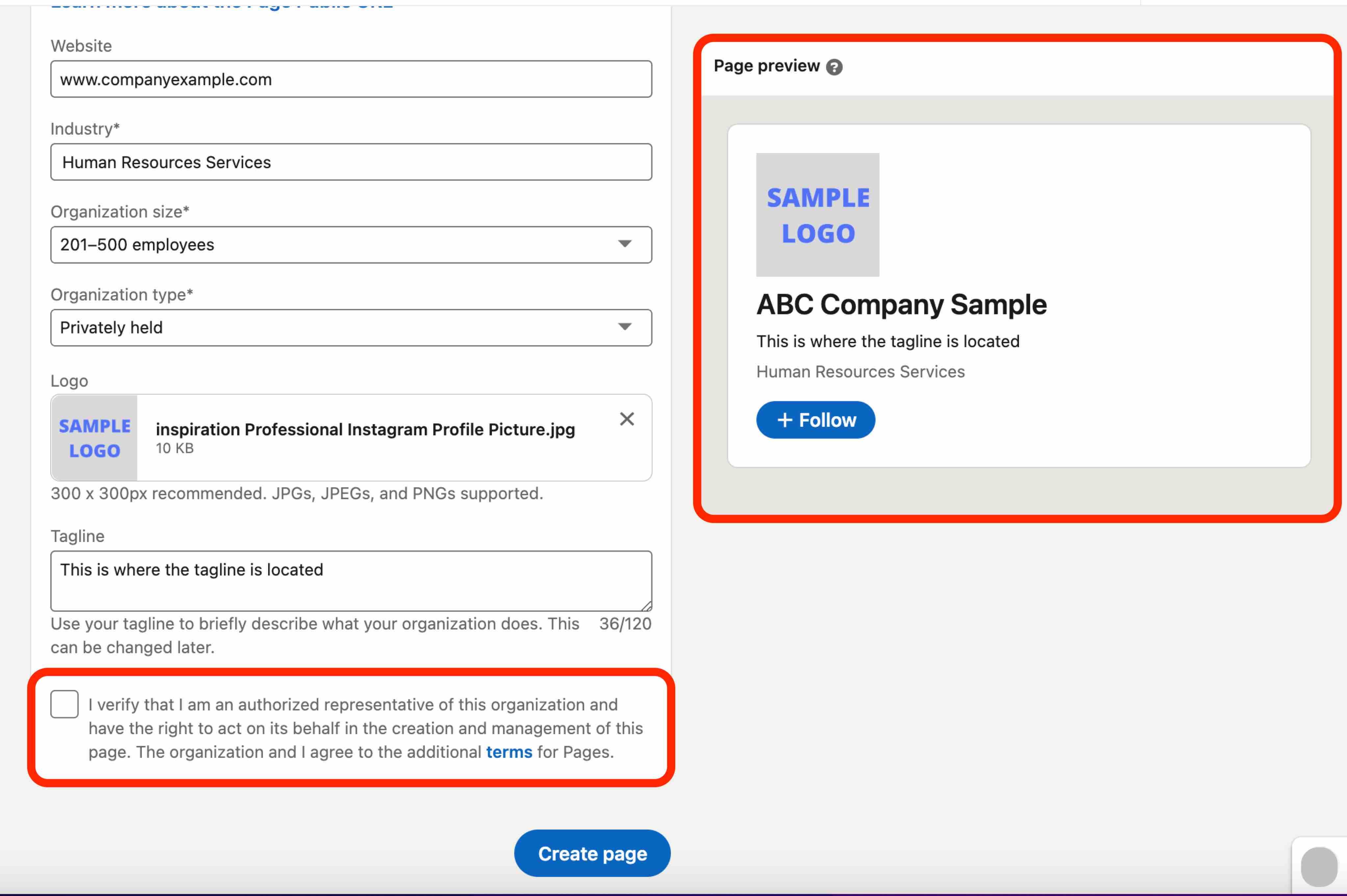 LinkedIn Company Page's Preview and Verification