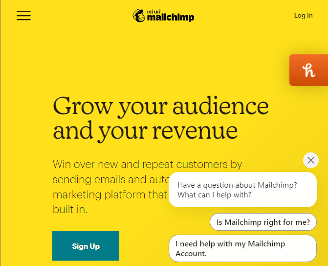 MailChimp's yellow homepage detailing their offerings