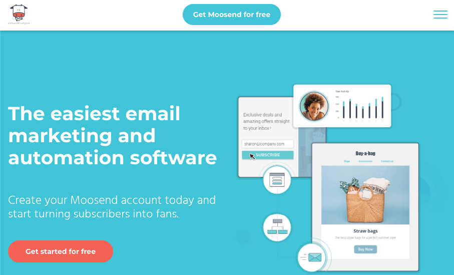 Moosend's homepage with a teal blue background and details about their software