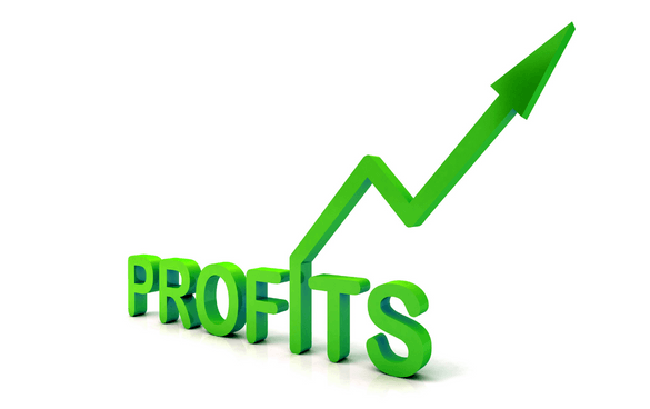 3D rendering of the word PROFITS in green with an upward-pointing arrow graph line above it, indicating an increase in profits.