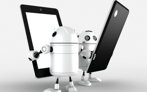 Two anthropomorphic robot figures resembling Android mascots, with one holding a tablet and the other holding a smartphone, against a white background.