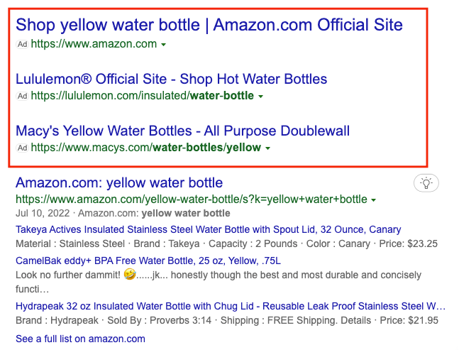 Ad for a yellow water bottle at the top of search results