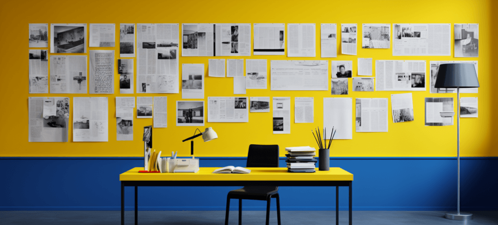 A modern workspace with a yellow and blue color scheme, featuring a desk with a laptop, printer, lamp, and stationery, and a wall behind it covered in neatly arranged papers.