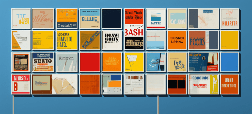 A collage of diverse book and magazine covers with various graphic designs, typography, and colors, arranged in a grid on a blue background.