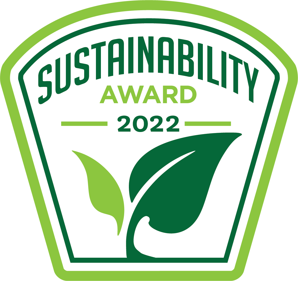 Sustainability Award 2022 emblem with stylized green leaves and a shield-shaped green border.