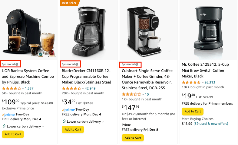 Sponsored product ads on Amazon's website for coffee makers