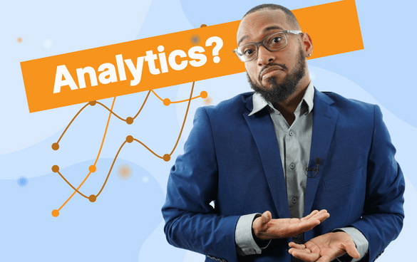 A man in a suit with a quizzical expression gesturing with his hands, with the word 'Analytics?' in bold orange text above a line graph illustration in the background.