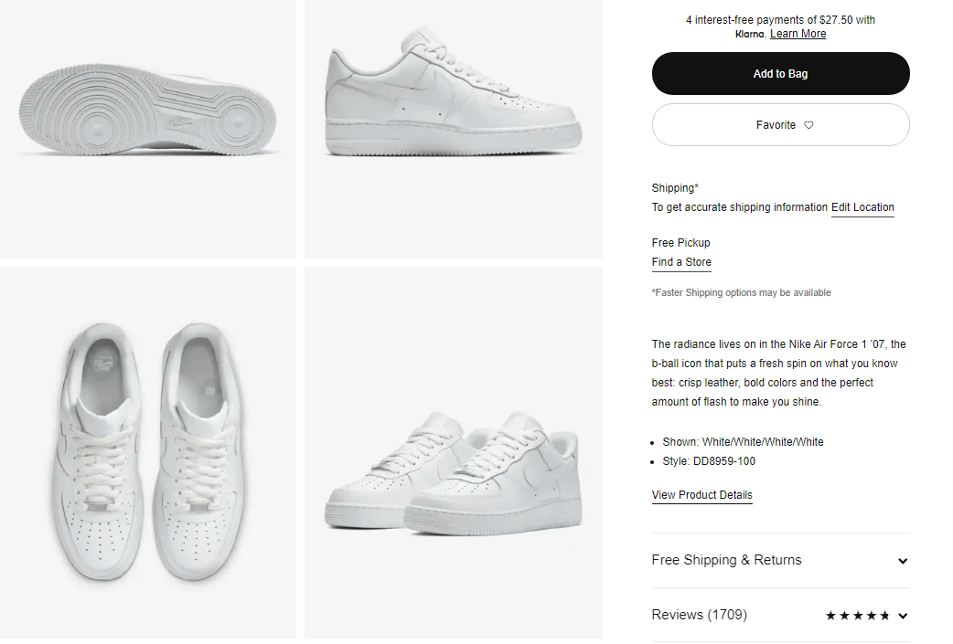 Nike sneaker product page with description and reviews