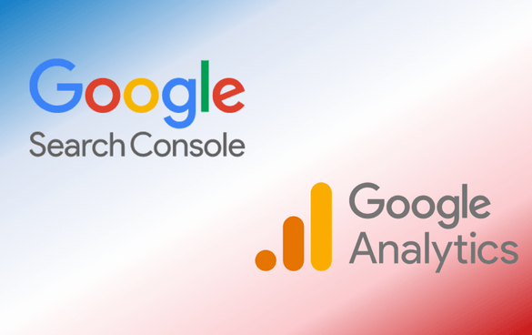 Logos of Google Search Console and Google Analytics on a blue to red gradient background.