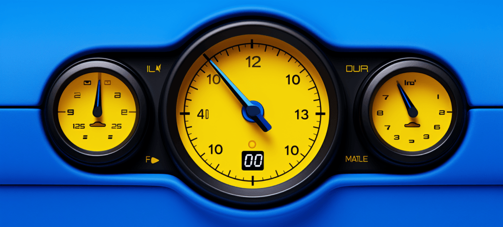 Yellow gauges on a blue dashboard