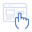 Icon depicting a hand cursor clicking on a web browser window, symbolizing web interaction or browsing.