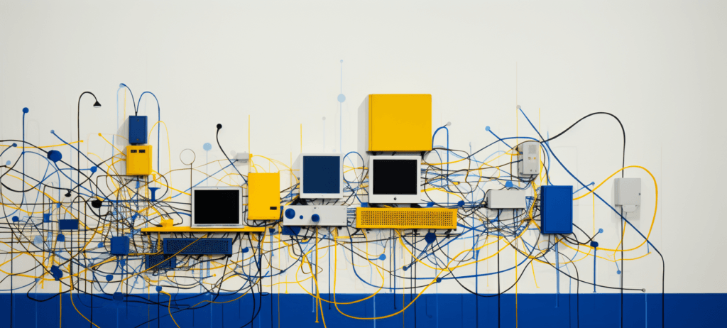 A modern art installation featuring electronic devices like monitors and computer cases in blue and yellow, interconnected by a complex network of yellow and black cables against a white wall with a blue lower half.