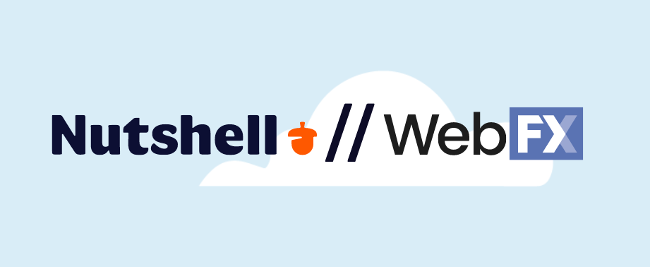 Logos of Nutshell and WebFX with a graphic of an orange acorn and blue forward slashes.