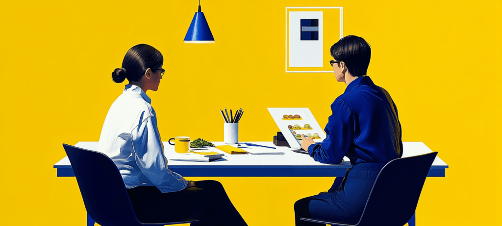 Two people at a table in a blue and yellow setting