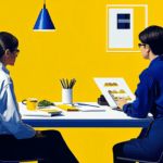 Two people at a table in a blue and yellow setting