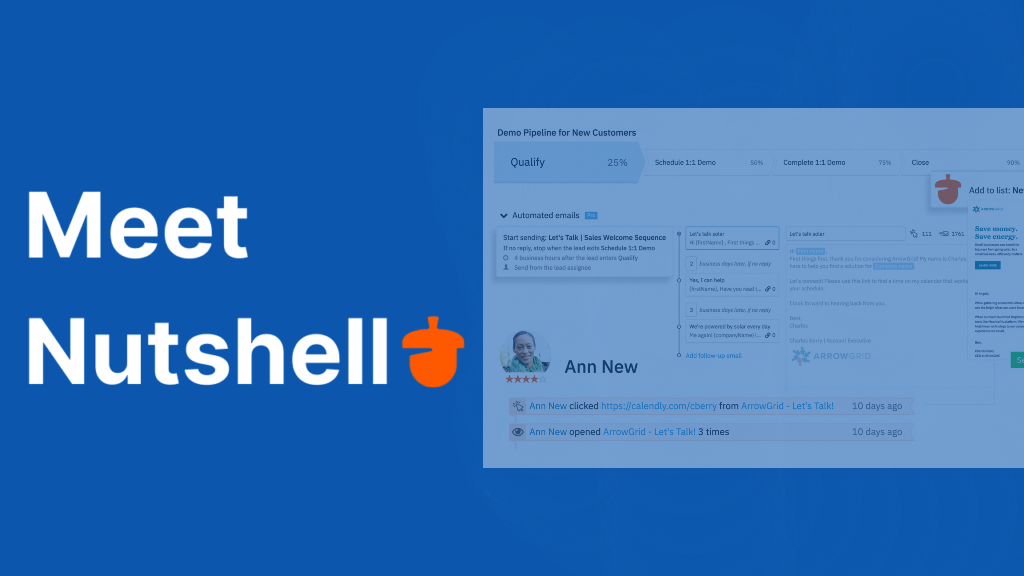 Promotional graphic for Nutshell CRM featuring a blue background with the text 'Meet Nutshell' and a screenshot of the CRM dashboard showing a sales pipeline, automated emails, and user notifications.