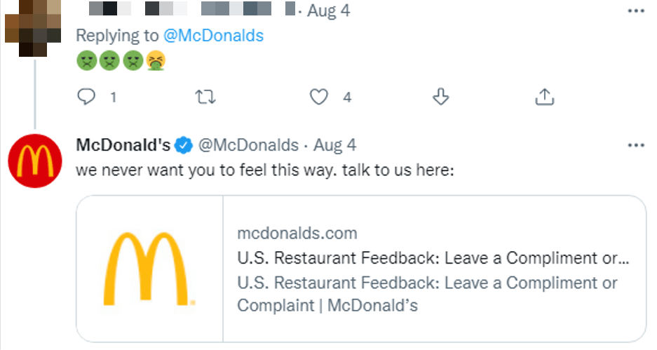 McDonald's responding to someone tweeting negatively towards it