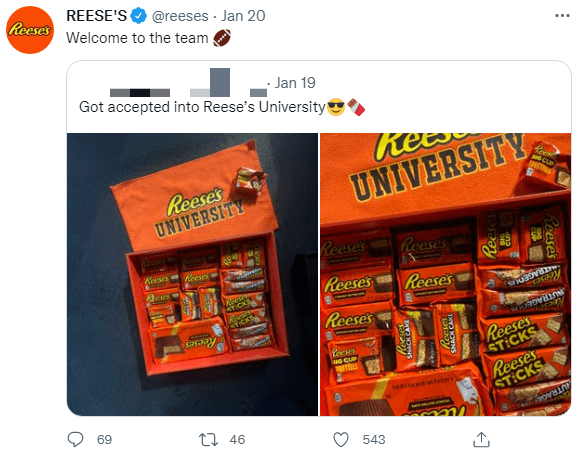 User generated content of Reese's Cups in an orange box retweeted by Reese's