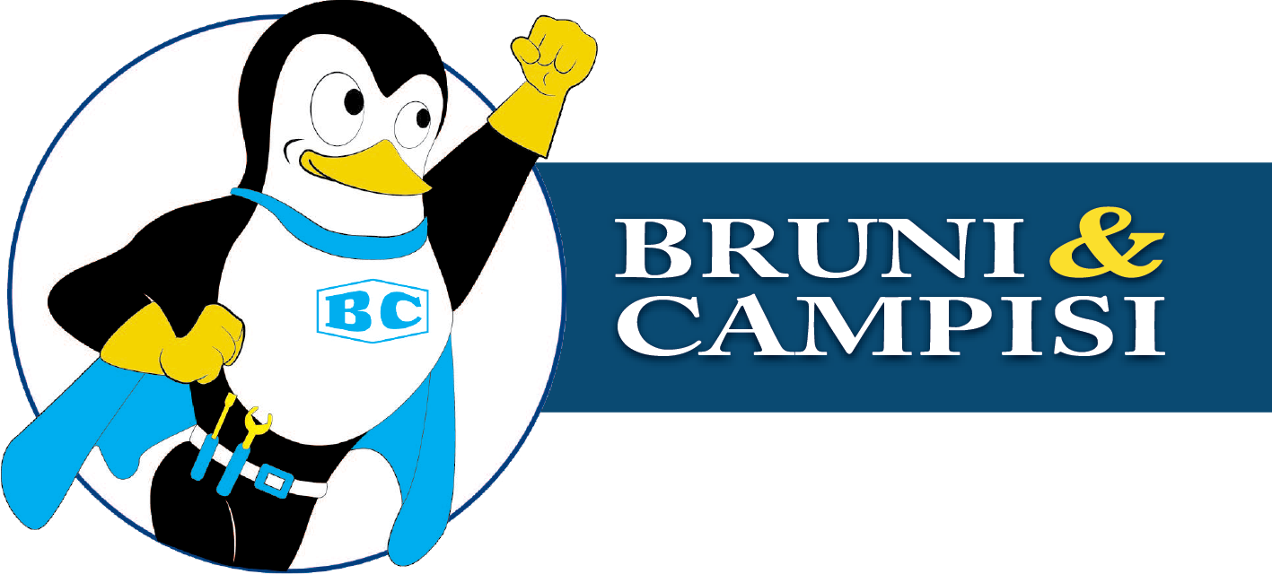 Cartoon penguin in a superhero costume with a blue cape and a belt holding a wrench, with the letters 'BC' on its chest, next to the text 'BRUNI & CAMPISE' with a stylized ampersand, against a striped background with a circular design.