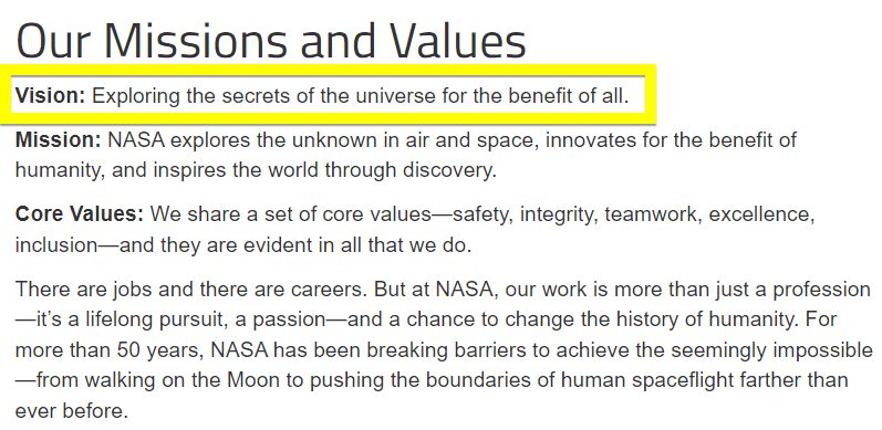 Screenshot of NASA's mission and values page