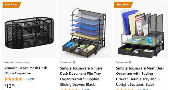 Pictures of desk organizer product listings on Amazon