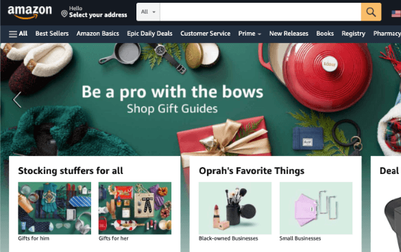 The homepage for Amazon's website featuring deals for the holidays