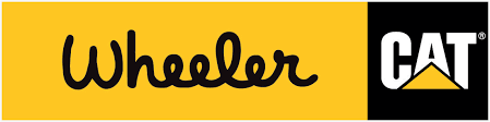 The image displays two logos side by side on a yellow background. On the left is the word 'Wheeler' in a cursive, handwritten style font. On the right is the 'CAT' logo, which consists of the letters 'CAT' in bold block letters next to a triangle with a peak at the top.