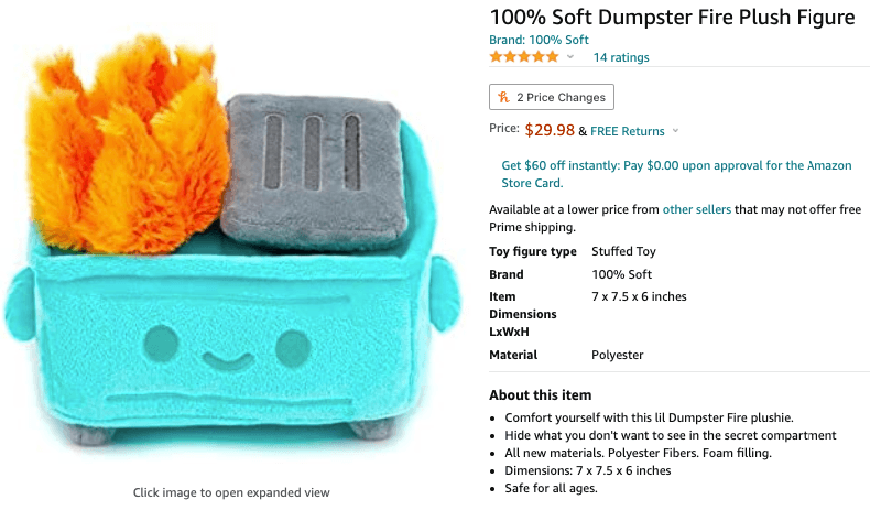 Product description for a plush dumpster toy