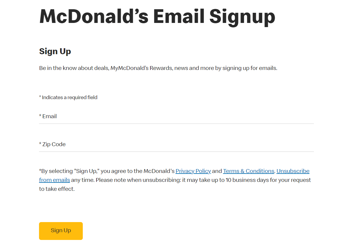 screenshot of McDonald's email sign up page