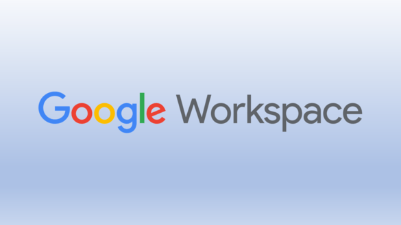 Google Workspace logo with the Google logo in its traditional colors and the word 'Workspace' in dark blue on a light blue gradient background.