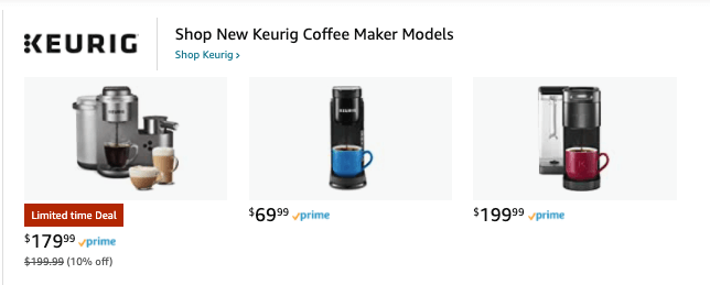 Keurig Sponsored Brand ads featuring their coffee makers