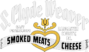 Logo of S. Clyde Weaver featuring decorative text, with 'Est. 1920' and 'Lancaster County, PA' above and below the main name, which is flanked by wheat sheaves. The logo also includes 'Smoked Meats' and 'Cheese' in banners above and below the central name.