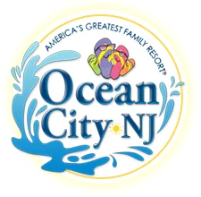 Logo of Ocean City, NJ, featuring the slogan 'America's Greatest Family Resort' with a blue wave, yellow sun, and colorful beach ball.