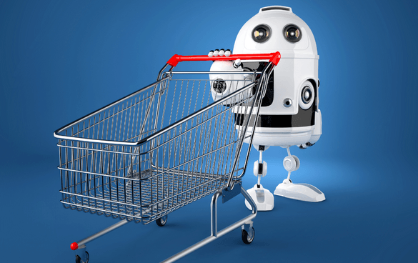 A whimsical robot with a humanoid face holding onto a shopping cart against a blue background.